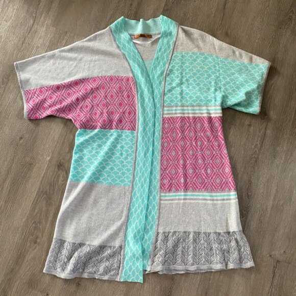 Belldini Short-sleeve Patchwork Knit Kimono Cardigan Large - Picture 2 of 11